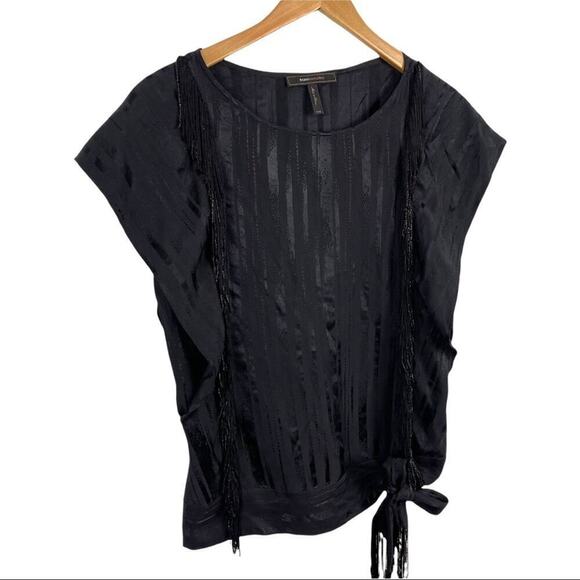 BCBGMAXAZRIA Black Silk Ruffle Blouse Top Beaded Fringe with Shinny Stripes XXS - Picture 4 of 16